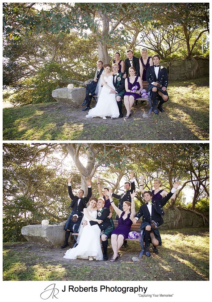 Fun with the bridal party with sun setting through the trees at Clark Point Woolwich - Sydney wedding photographer 